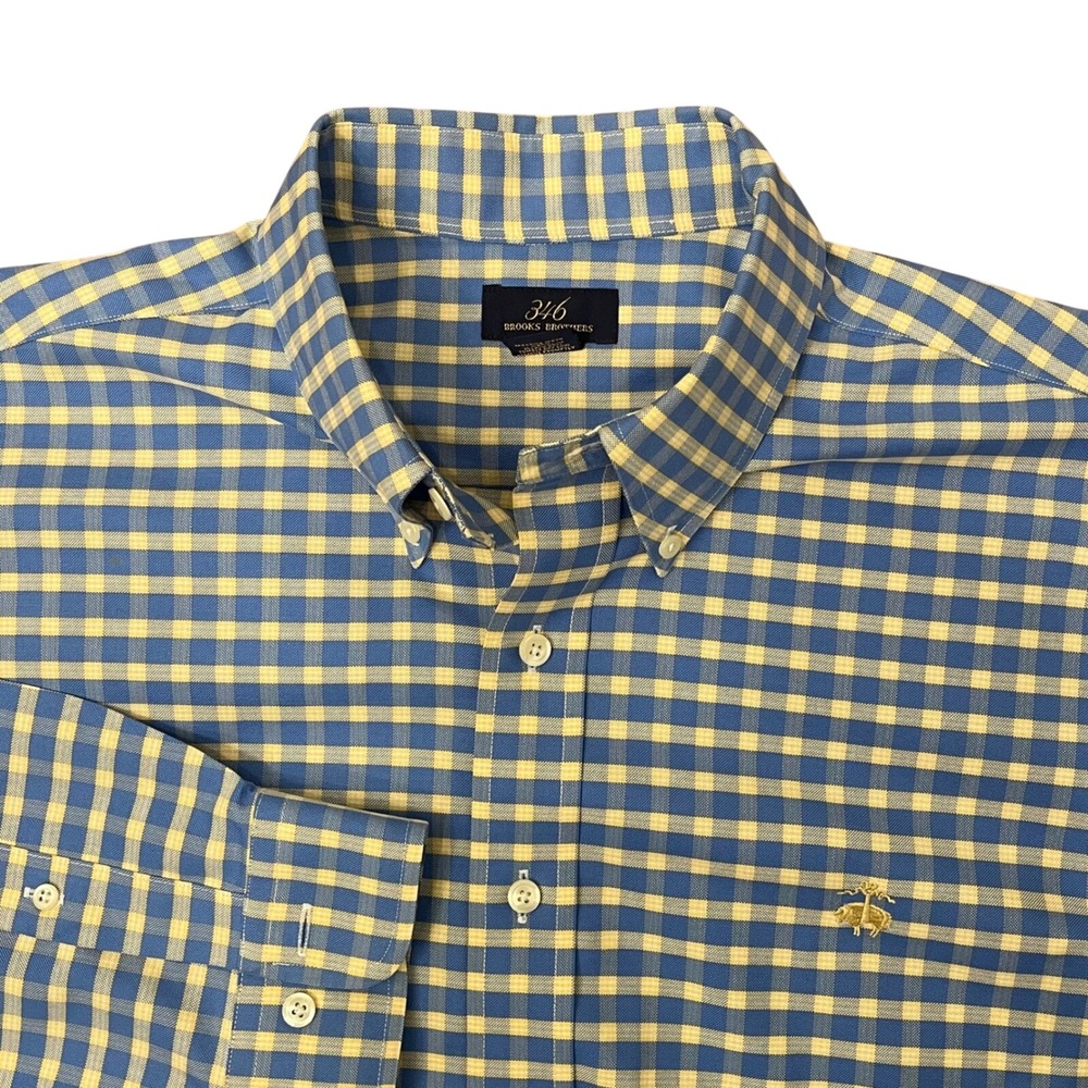 Brooks Brothers 346 Shirt Mens L Blue Yellow Gingham Supima Cotton Non-Iron LS